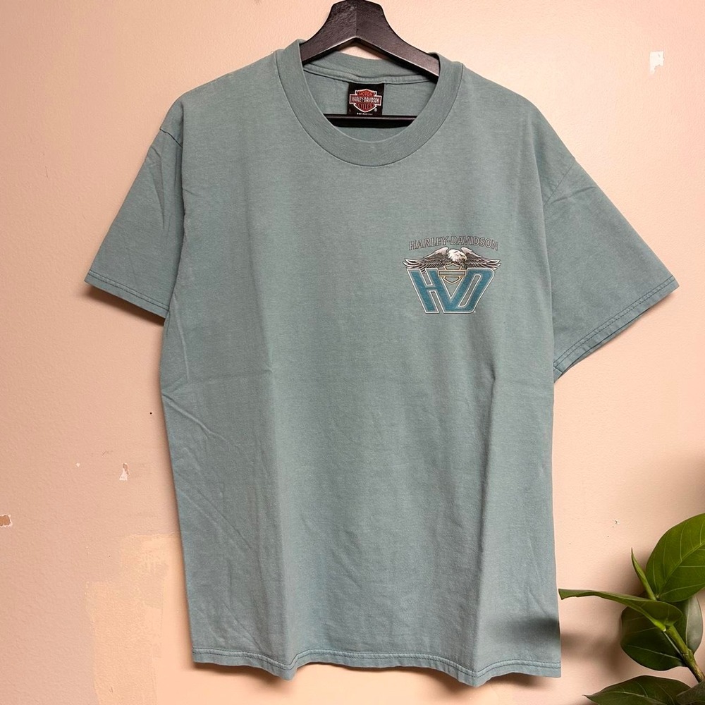 Vintage 90s Harley Davidson Bedford Texas Eagle Turquoise Blue Shirt Mens L